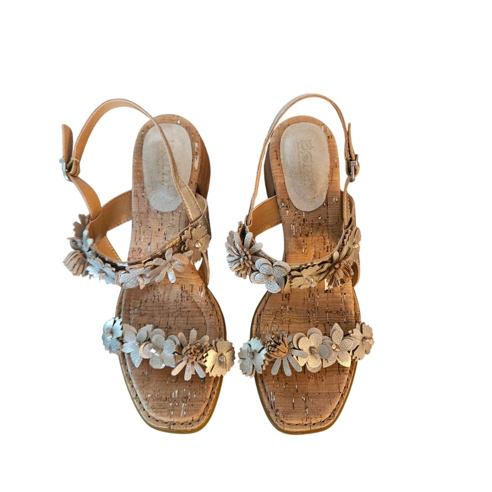 Born Kheli Floral Block Heel Sandals Metallic Gold Silver Leather Womens 9M - Picture 2 of 7